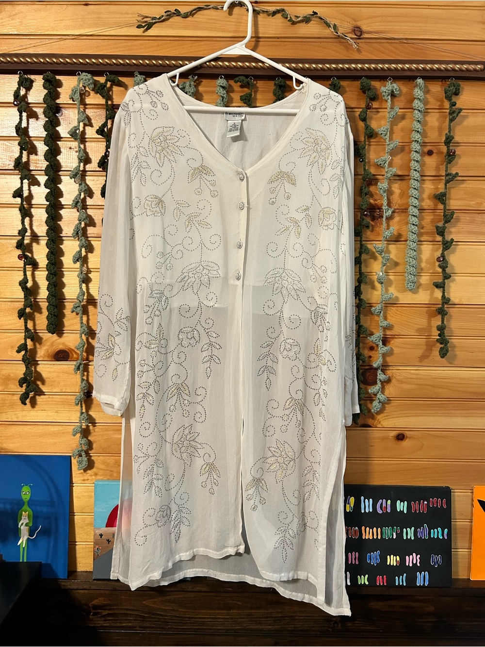 Boho Embroidered Ivory Longline Tunic Top - Lightweight Sheer Button Front